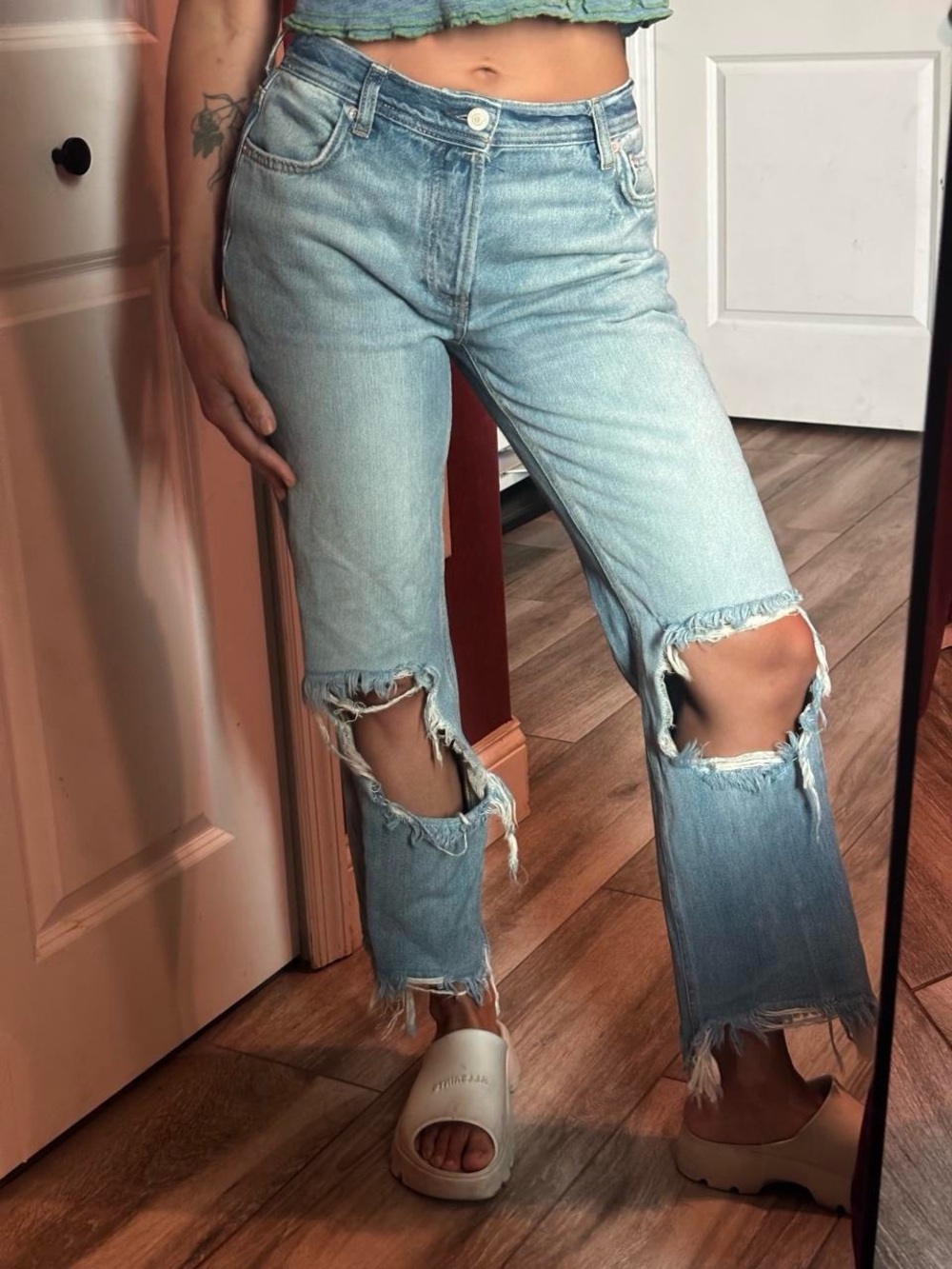 Free People Light Blue Distressed Straight-Leg Jeans